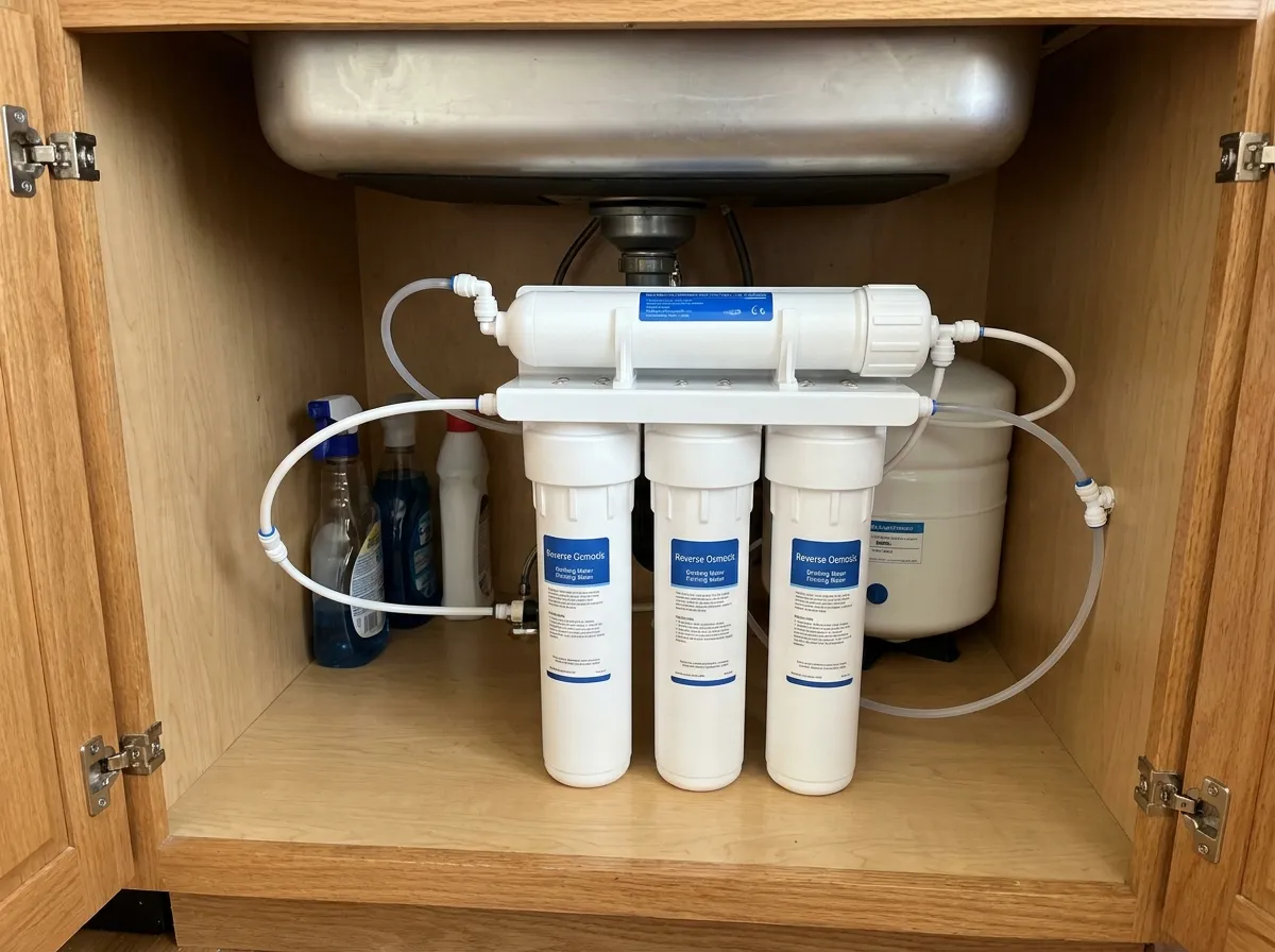 Reverse osmosis system with storage tank installed under a kitchen sink