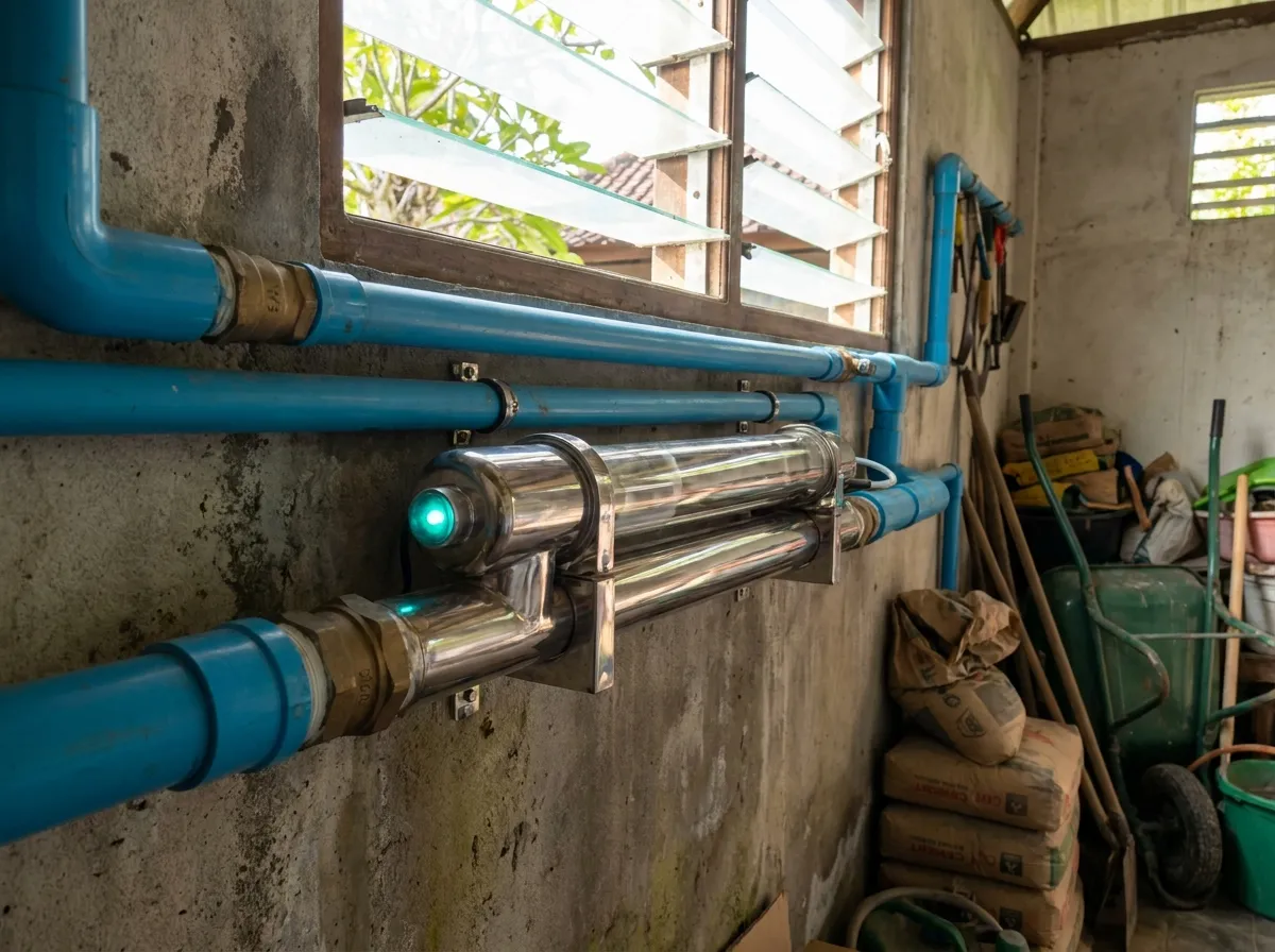 UV water sterilizer unit mounted on blue PVC water lines