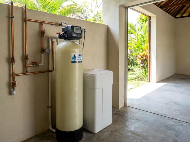 Water softener tank with brine tank in a Bali villa utility corner