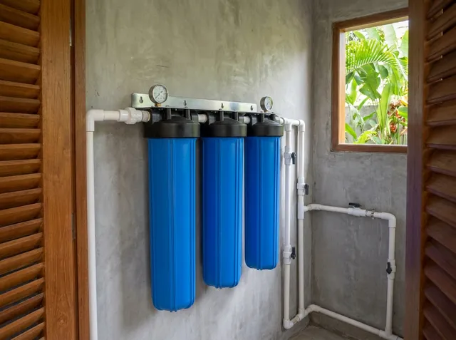 Whole-house water filter with three blue housings on a villa wall